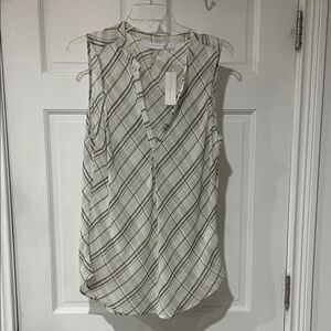 New York & Company Plaid Sleeveless Blouse - Cream and Gray